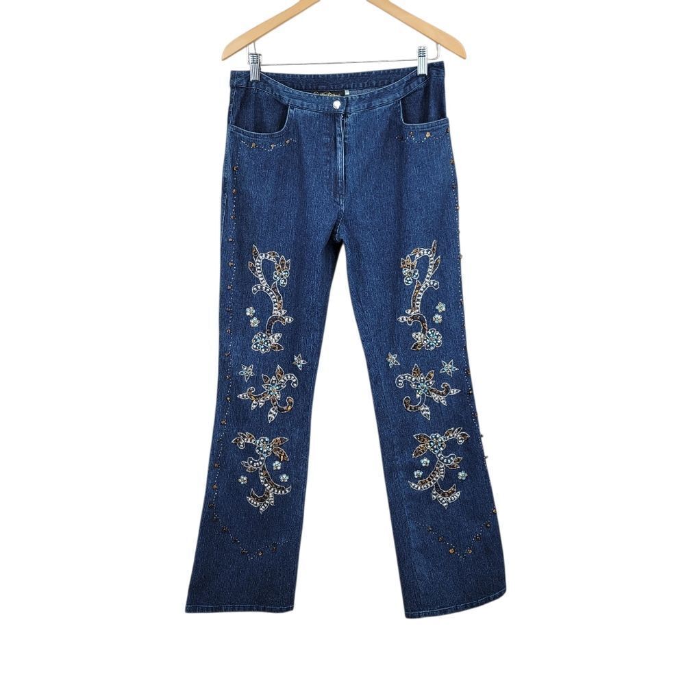 Vintage or Y2K Hand Beaded Blue Jeans Tigers Eye Faux Pearls Western Boho